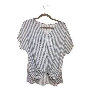 West K Blue White Striped Twist Front High Low Blouse Coastal Minimalist Medium